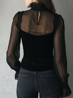 Gothic Lace Trim Black Velvet Corset Blouse With Sheer Sleeves