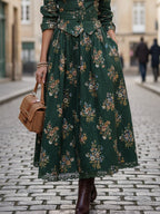 Maxi Linen Skirt, Floral, Pocket Design, Vintage, Green