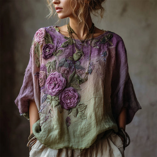 Bohemian Dragonfly Vine Pattern Vintage V-neck Short-sleeved T-shirt