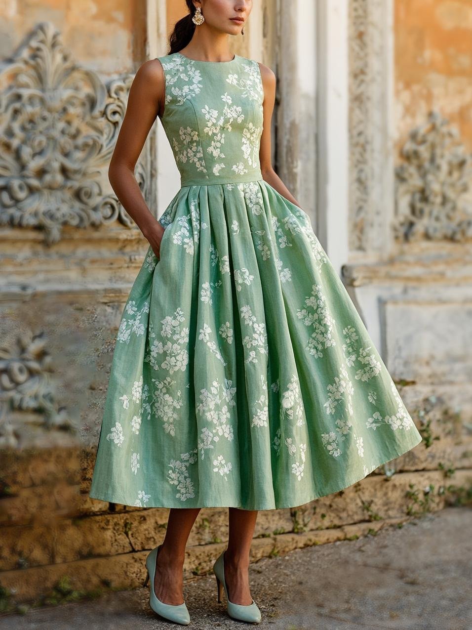 (SIZE:XS-XXL) Midi Linen Dress, Sleeveless, Linen Blend, Floral, Renaissance, Green