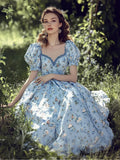 Maxi Linen Dress, Puff Sleeves, Crew Neck, Floral, Linen Blend, Blue