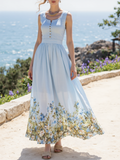 Maxi Linen Dress , Sleeveless, Round Neck, Floral, Button Design, French Vintage, Sky Blue