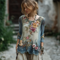 Women's Vintage Floral Wave Embroidery Pattern Crew Neck Shirt
