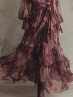 Romantic Holiday Printed Chiffon Ruffle Hem Maxi Dress