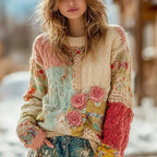 Women's Vintage Chunky Needle Rose Floral Stitching Warm Crew Neck Sweater