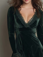 Vintage Lace Trim Polyester Velvet Mini Dress
