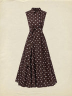 Midi Cotton Dress , Sleeveless, Shawl Collar, Polka Dots, Button Design, French Vintage, Purplish Blue