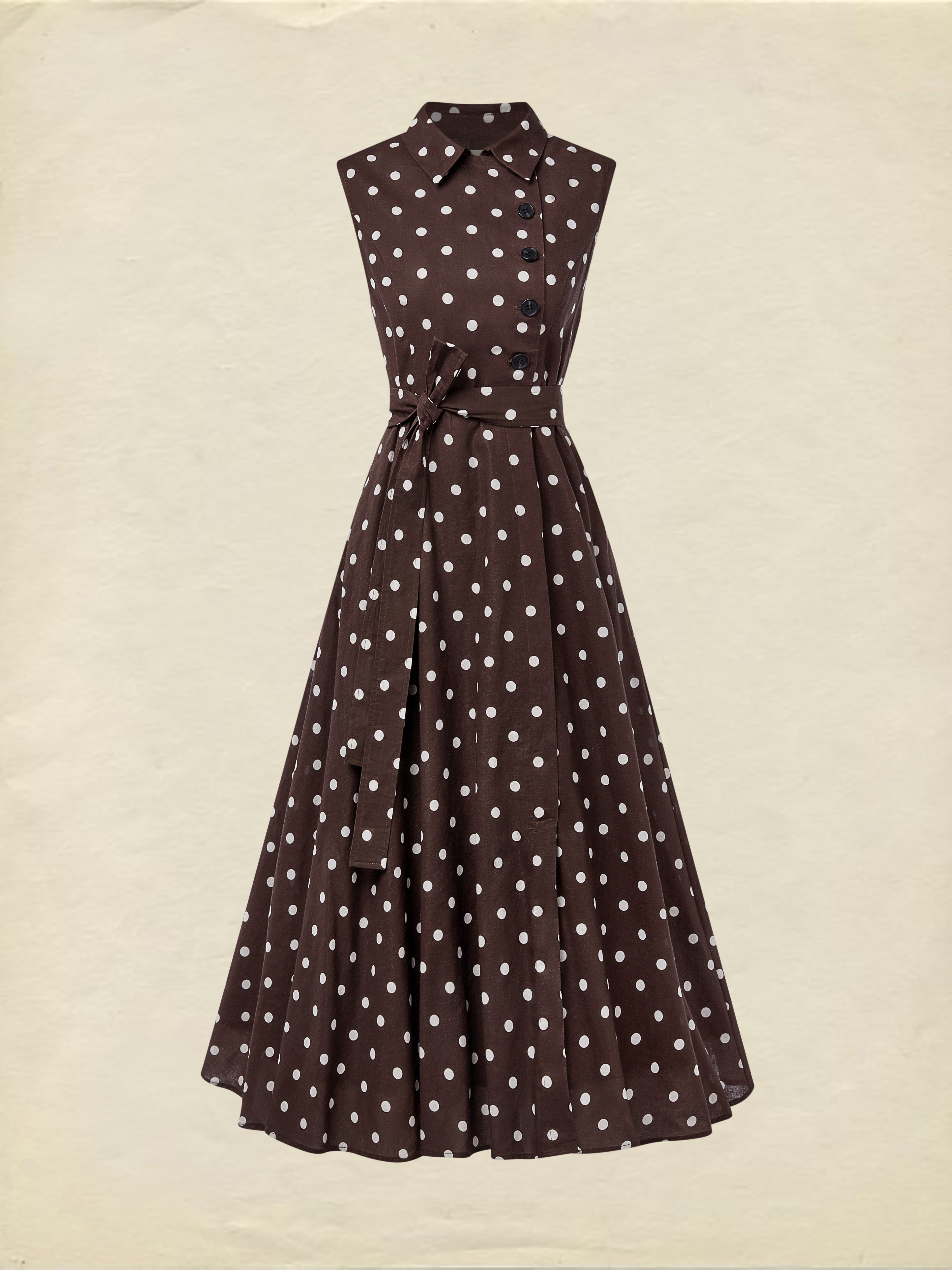 Midi Cotton Dress , Sleeveless, Shawl Collar, Polka Dots, Button Design, French Vintage, Purplish Blue