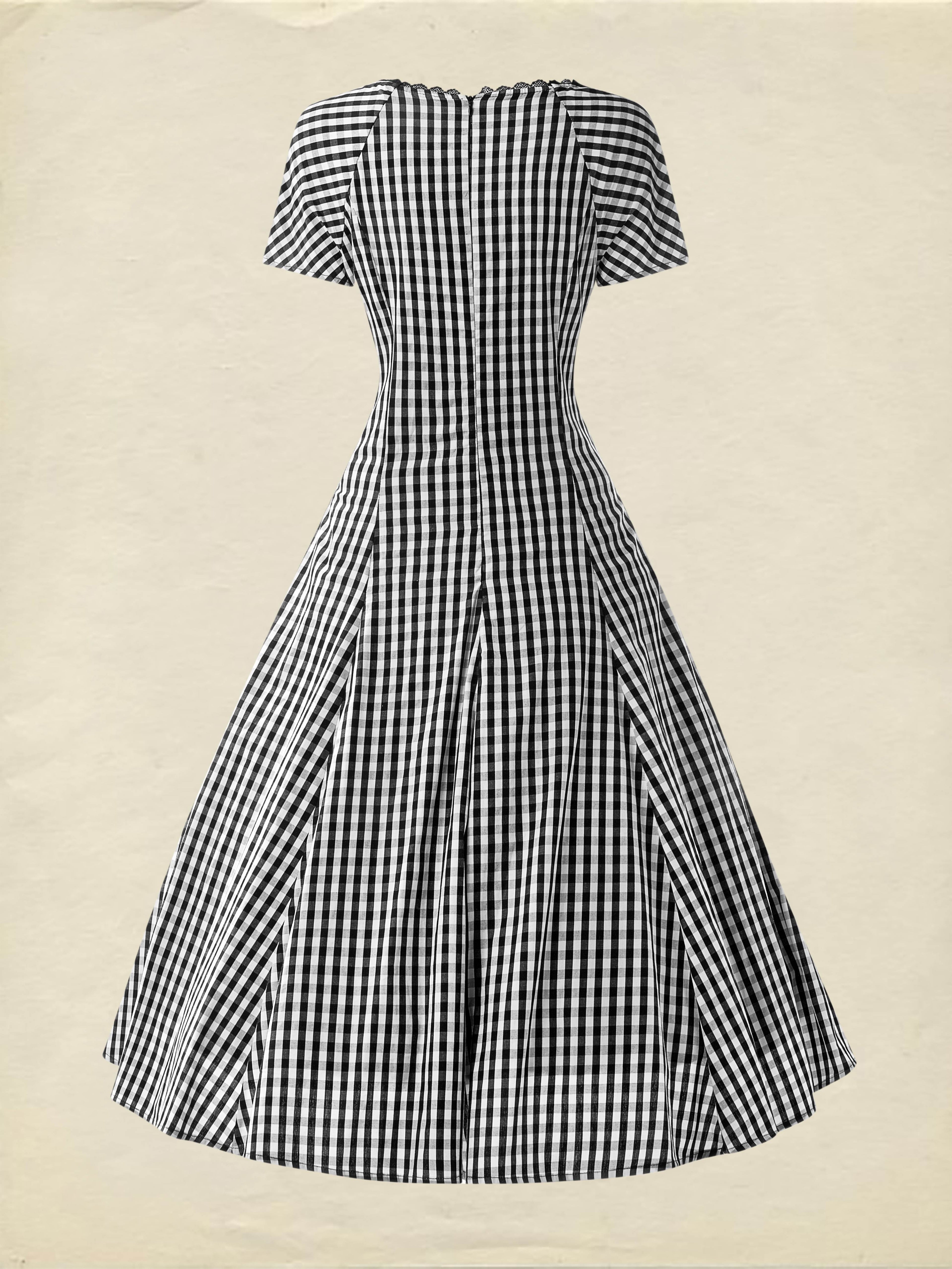 Cotton Midi Dress, Short Sleeve, Lace Collar, Plaid, Vintage, White