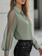 (sale)Chic Timeless Sheer Sleeve Button-Up Shirt