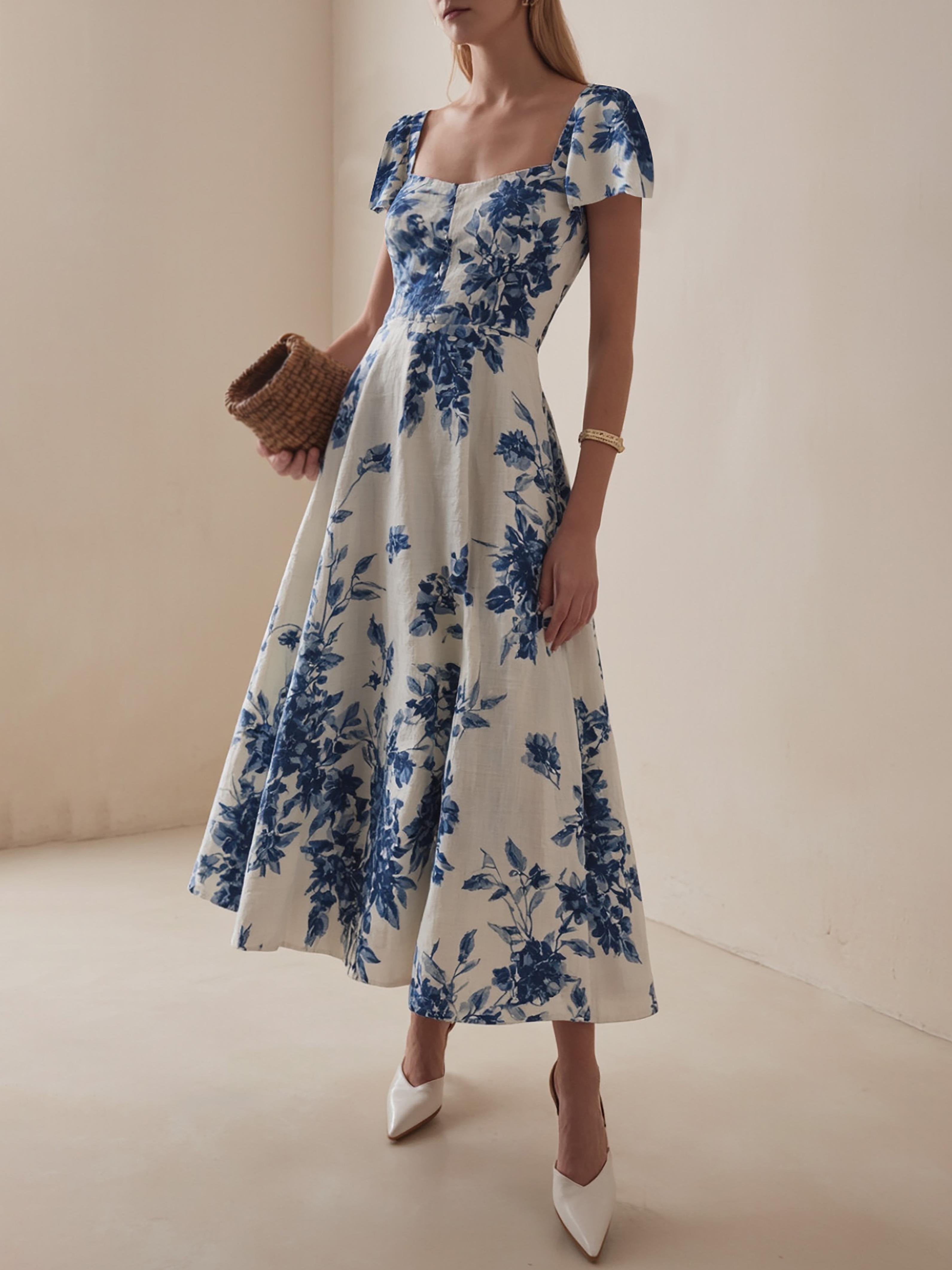 Maxi Linen Dress , Short Sleeves, Square Neck, Floral, Vacation, French Vintage, Blue