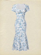 Midi Linen Dress, Short Sleeves, Sweetheart Neck, Floral, Ruffles, Vintage, Blue