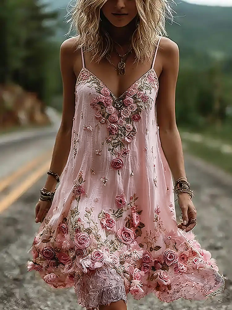 Vintage Boho Floral Embroidery Art Linen Mini Caimi Dress