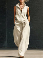 Stylish Stand-up Collar Zipper Linen Cotton Two-piece Set