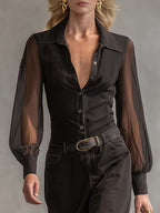 Vintage Western Front Button V-Neck Transparent Long Sleeve Black Denim Maxi Dress
