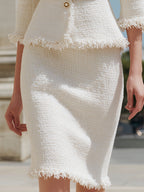 Ivory Fringed Tweed Jacket & Pencil Skirt Two-Piece Set