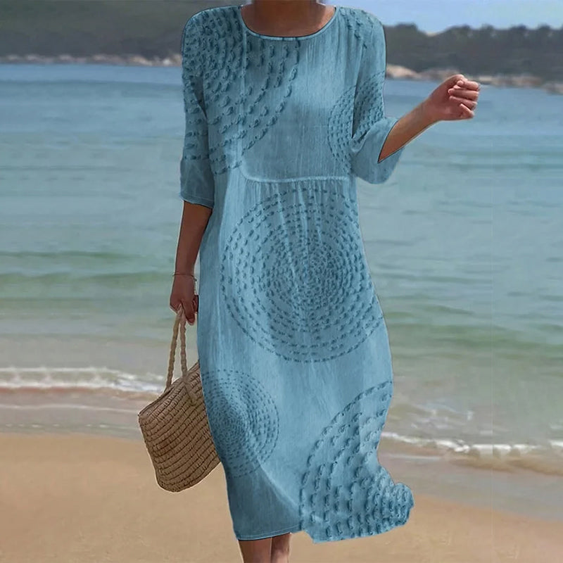Vintage Patchwork Art Pattern Linen Blend Loose Three-quarter Sleeve Dress
