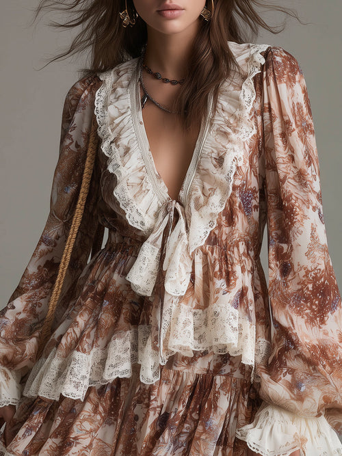 Bohemian Double-layered Ruffled Mini Dress With Lace Trim