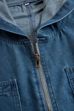Casual Loose Retro Pocket Long Sleeve Hooded Zipper Denim Jumpsuit