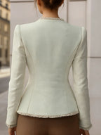 Elegant Cream Textured Blazer With Decorative Trim