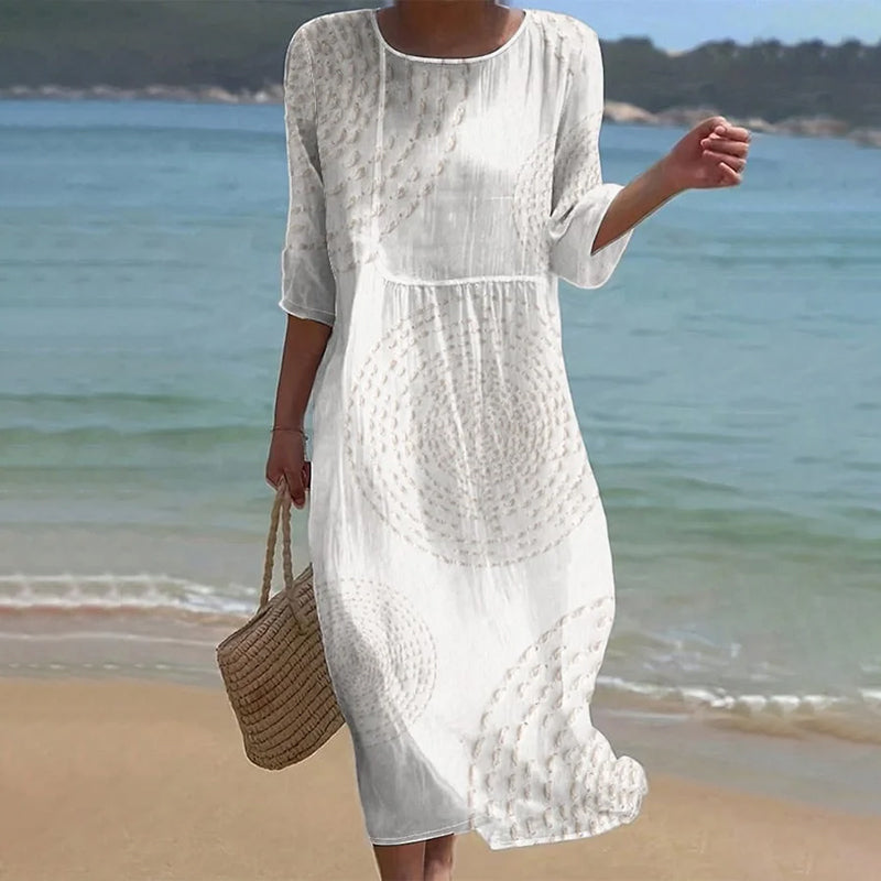 Vintage Patchwork Art Pattern Linen Blend Loose Three-quarter Sleeve Dress