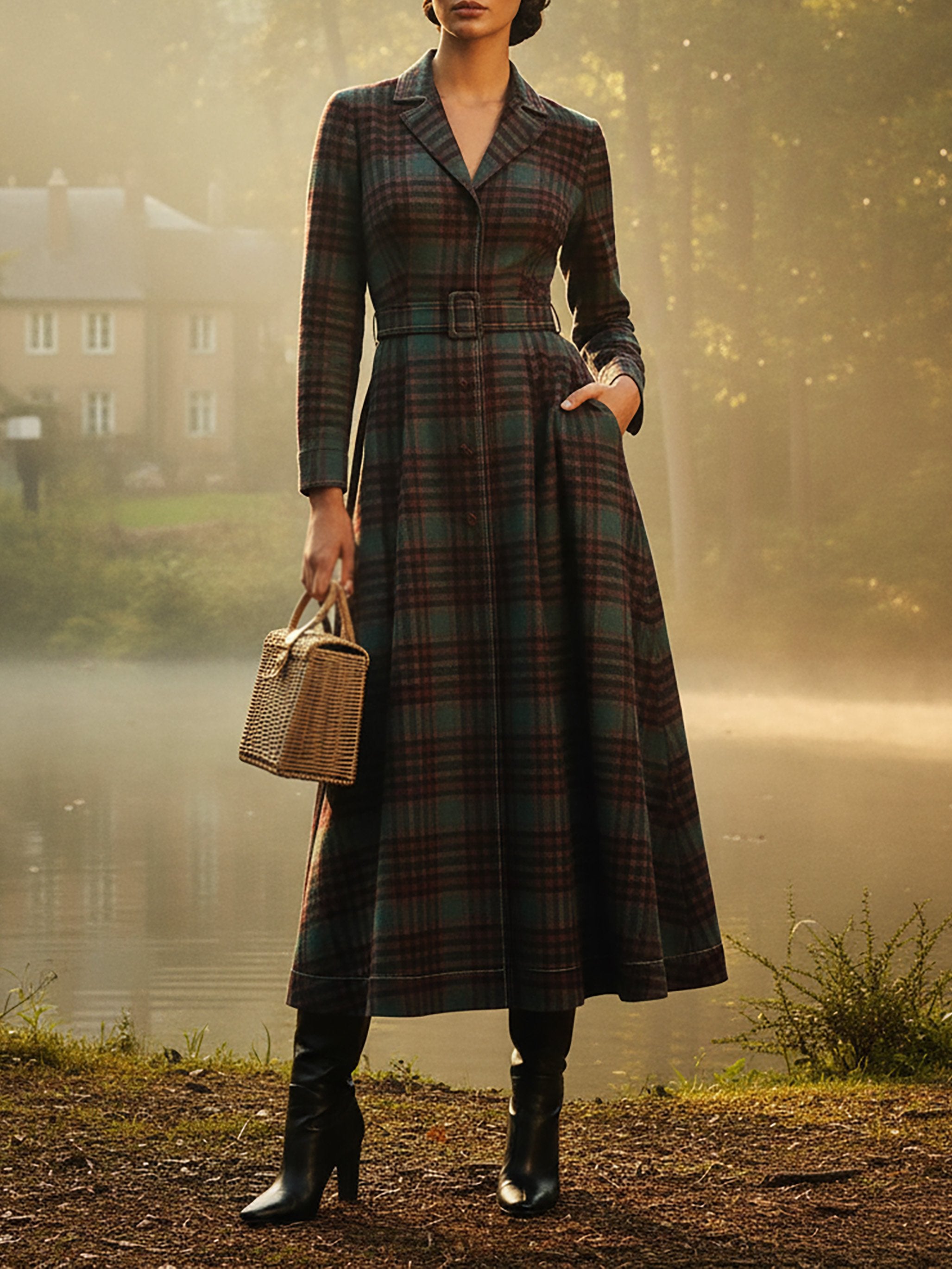 Wool Coat, Long Sleeves, Lapel Collar, Plaid, Belt Design, Vintage, Crimson