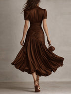 Retro Striped Satin Pleated Bodycon Midi Dress