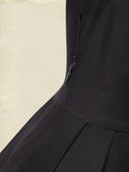 Midi Cotton Dress, Half Sleeve, Shawl Collar, Plain, Pocket Design, Vintage, Black