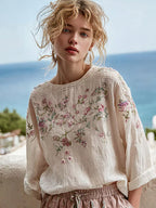 Women's Vintage Floral Embroidery Linen Crew Neck Long Sleeve T-shirt