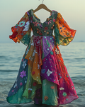 Summer Vacation Colorful Floral Sequins Beaded Ruffle Dress 6997