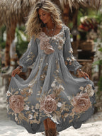 Women's Vintage Romantic White Rose Embroidery Art Comfy Linen Maxi Dress