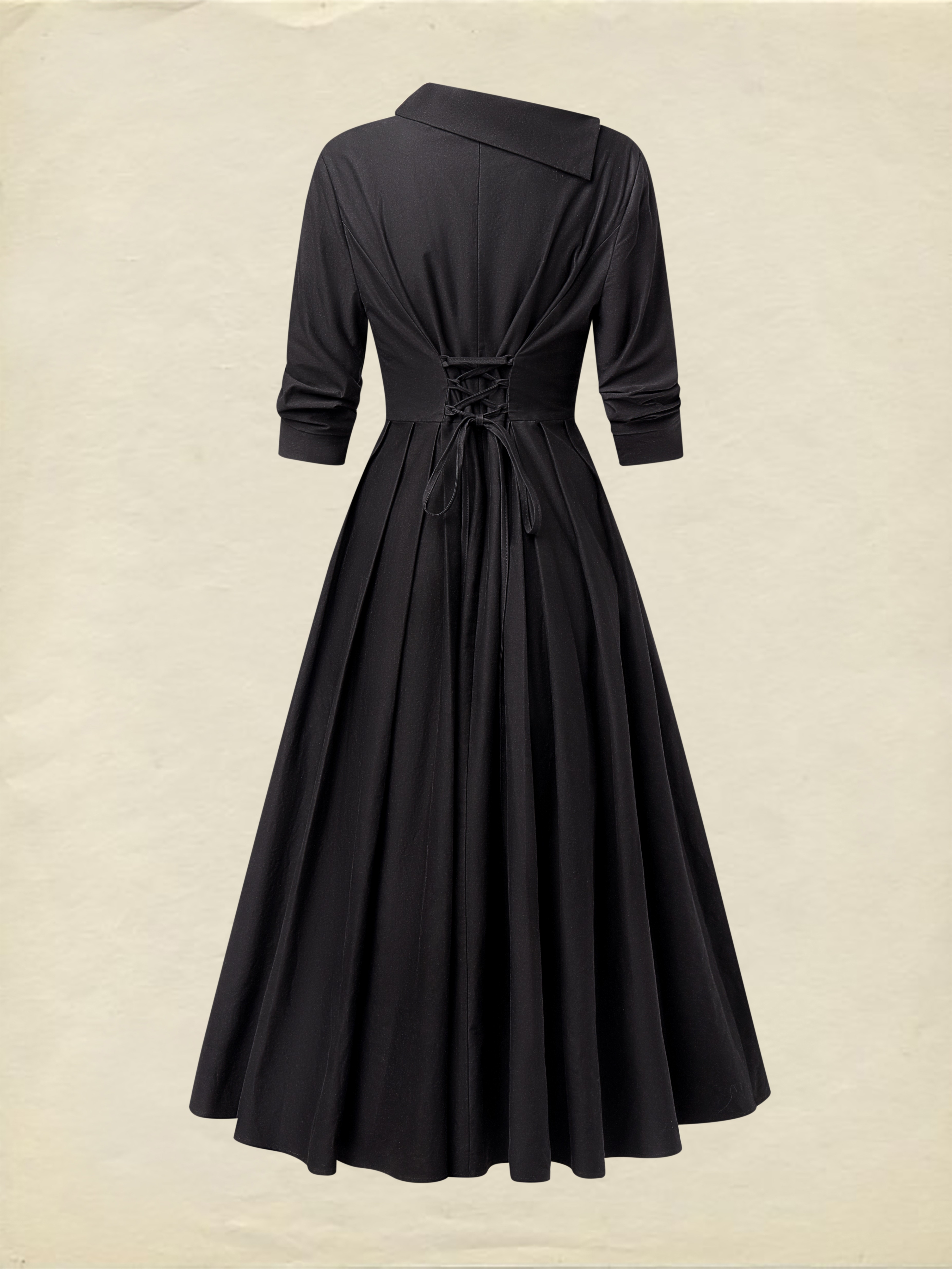 Midi Cotton Dress, Half Sleeve, Shawl Collar, Plain, Pocket Design, Vintage, Black
