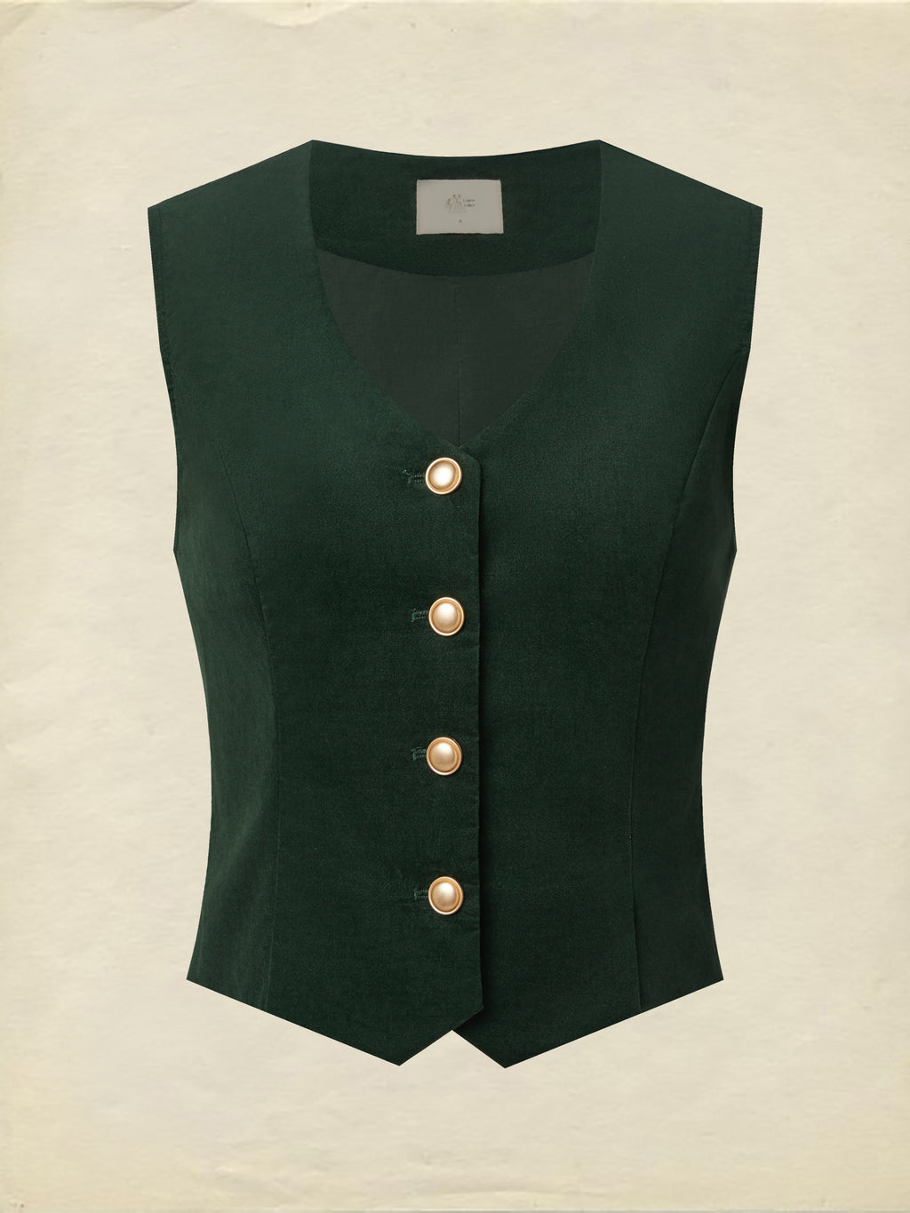 Cotton Vest (Shirt and Skirt Not Included), Sleeveless, V Neck, Plain, Button Design, Vintage, Green