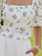 Linen Shirt, Short Sleeves, Square Neck, Floral, Button Design, Vintage, Blue