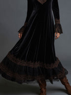 Retro Gold Velvet Lace Splicing Maxi Dress