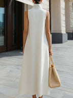 Asymmetric High-Neck Flowing A-Line Maxi Dress