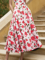 Linen Midi Dress, Short Sleeve, Sweetheart Neckline, Floral, Vintage, Red