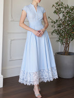 Maxi Cotton Dress , Short Sleeves, V Neck, Plain, Lace, French Vintage, Aqua blue