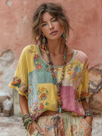Women's Bohemian Floral Embroidery Patchwork Art Round Neck Linen Blend T-shirt