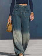 Casual Fashion Gradient Washed Denim Blue Gray Loose Pants