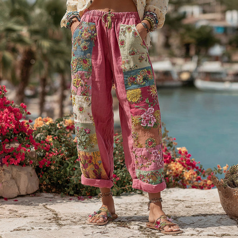 Women's Bohemian Floral Embroidery Art Contrast Color Linen Blend Casual Pants
