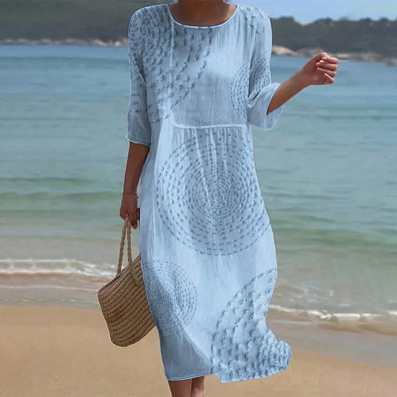 Vintage Patchwork Art Pattern Linen Blend Loose Three-quarter Sleeve Dress
