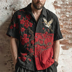 Men's Japanese Cherry Blossom And Crane Pattern Short Sleeve Shirt