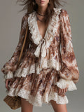 Bohemian Double-layered Ruffled Mini Dress With Lace Trim