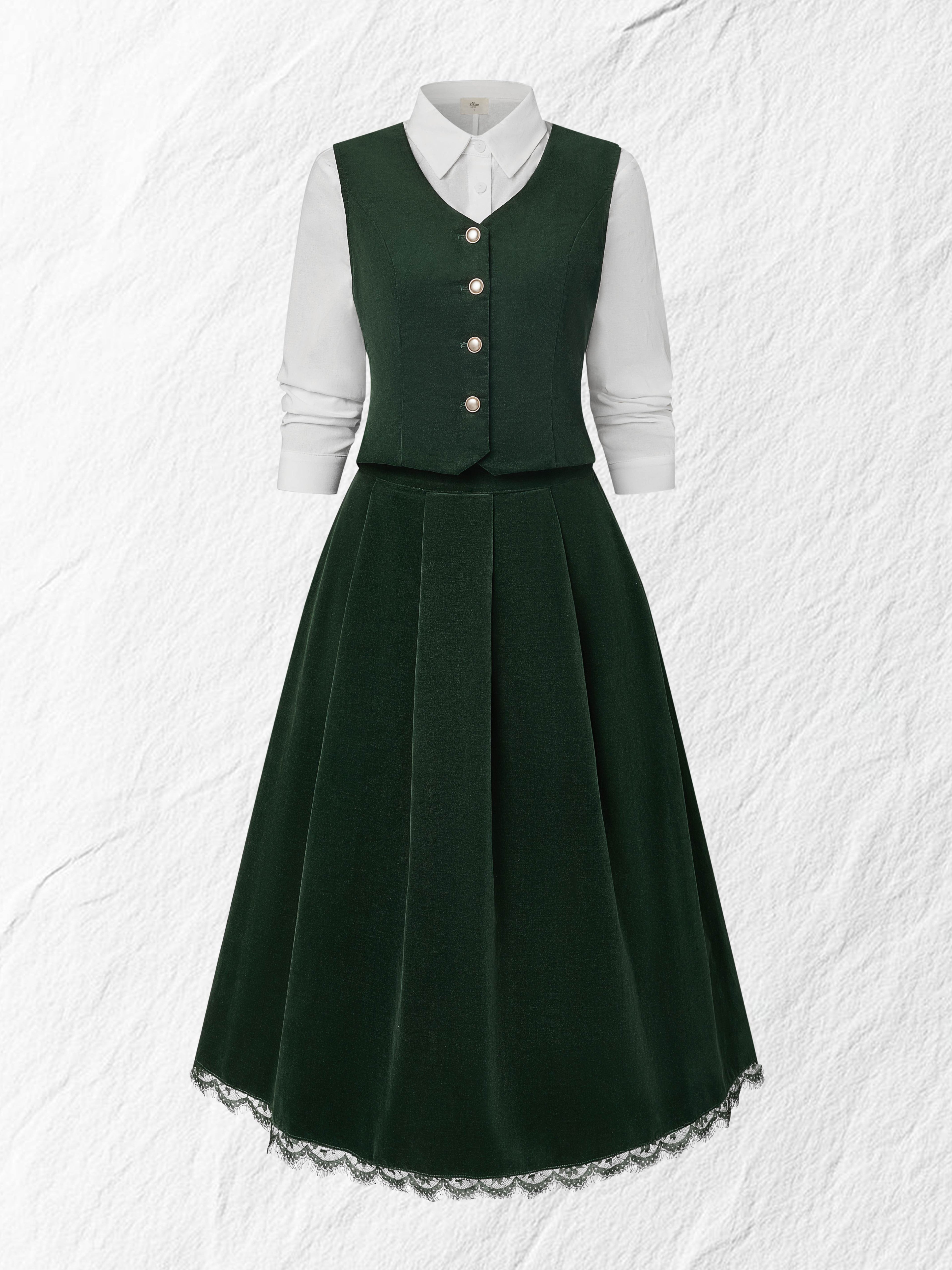 Cotton Vest (Shirt and Skirt Not Included), Sleeveless, V Neck, Plain, Button Design, Vintage, Green