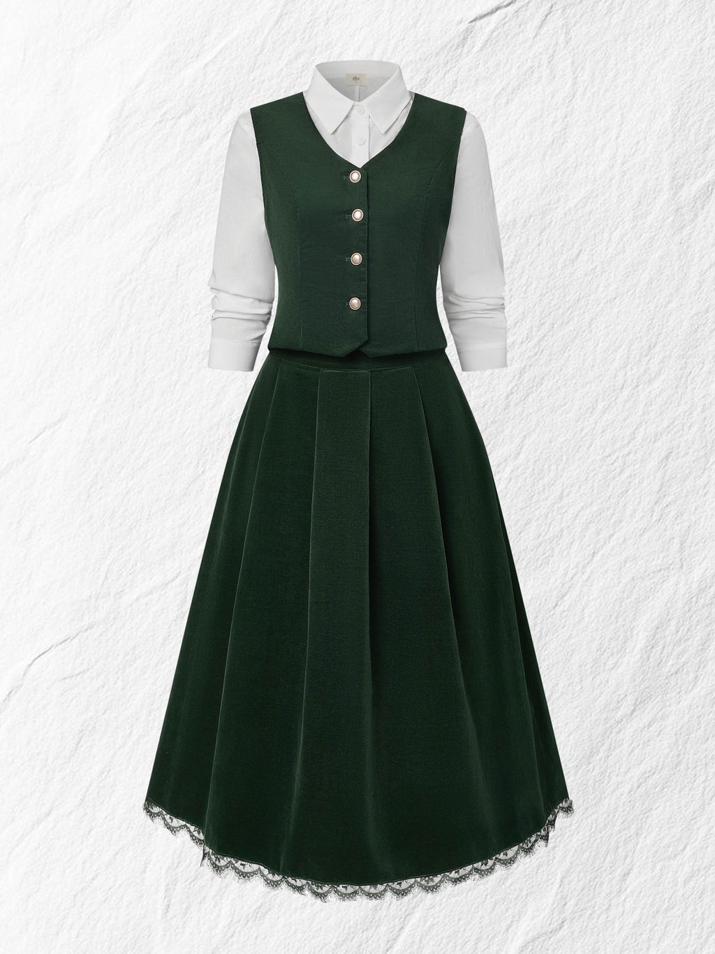 Midi Cotton Skirt (Shirt and Vest Not Included), Plain, Pocket Design, Vintage, Green