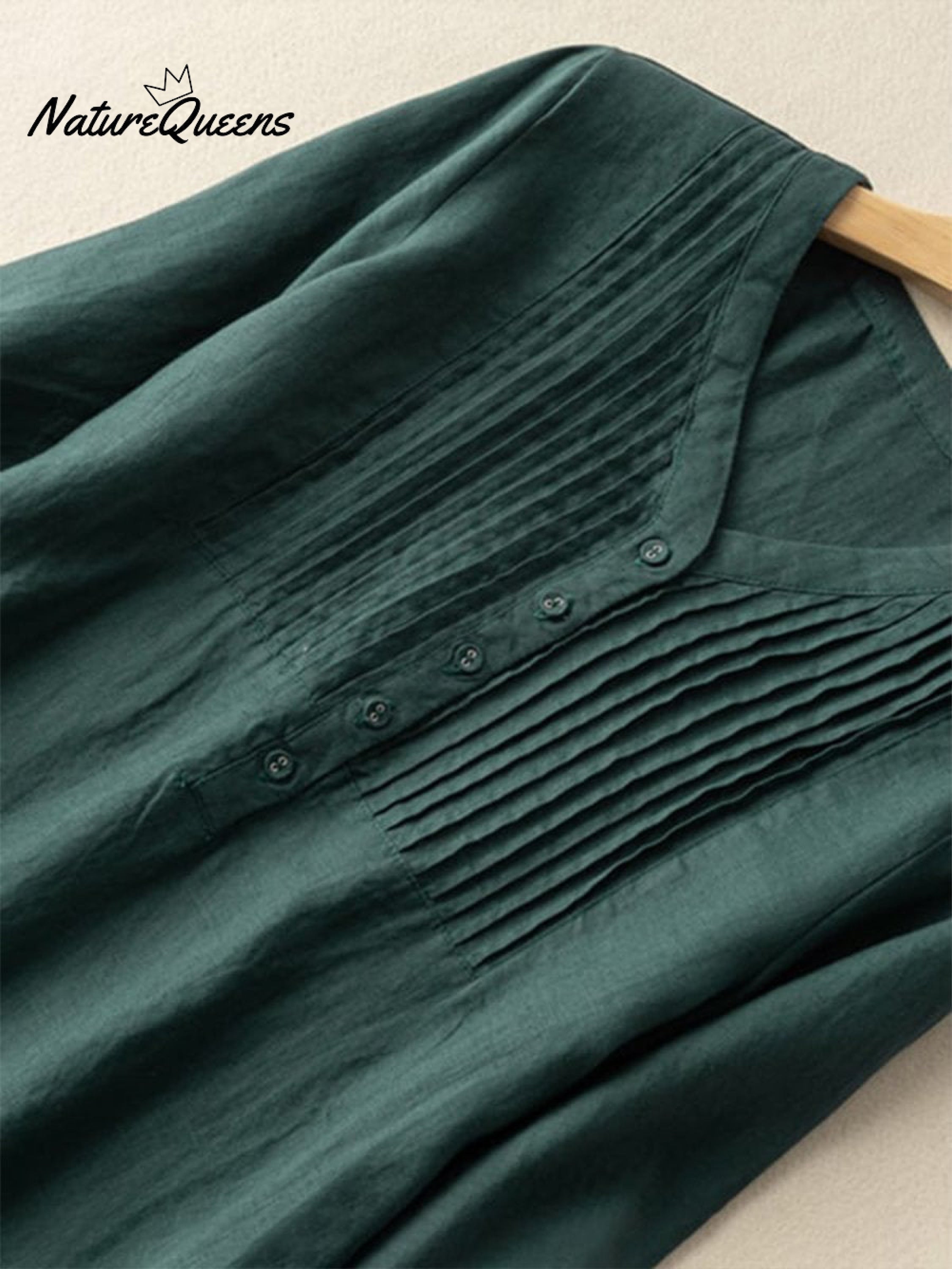 Cotton And Linen V-Neck Pleated Loose Dress