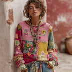 Women's Floral Embroidery Patchwork Art Pullover Cozy Knit Sweater