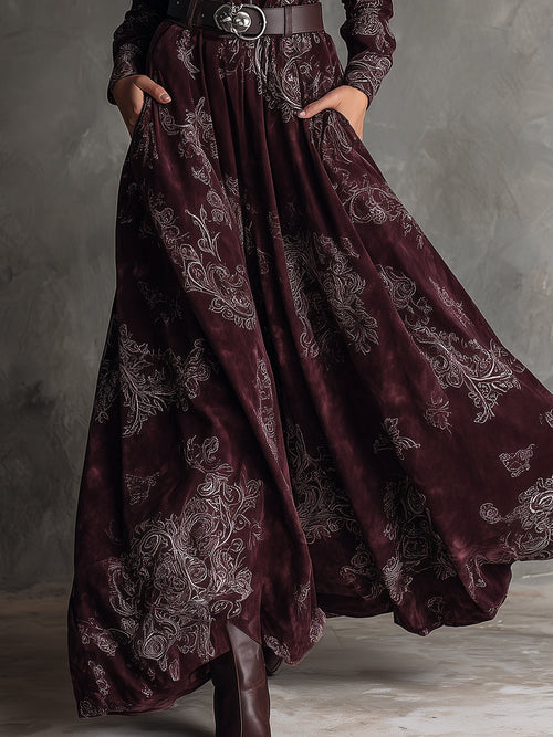Bohemian Suede Printed Front Zip Maxi Dress