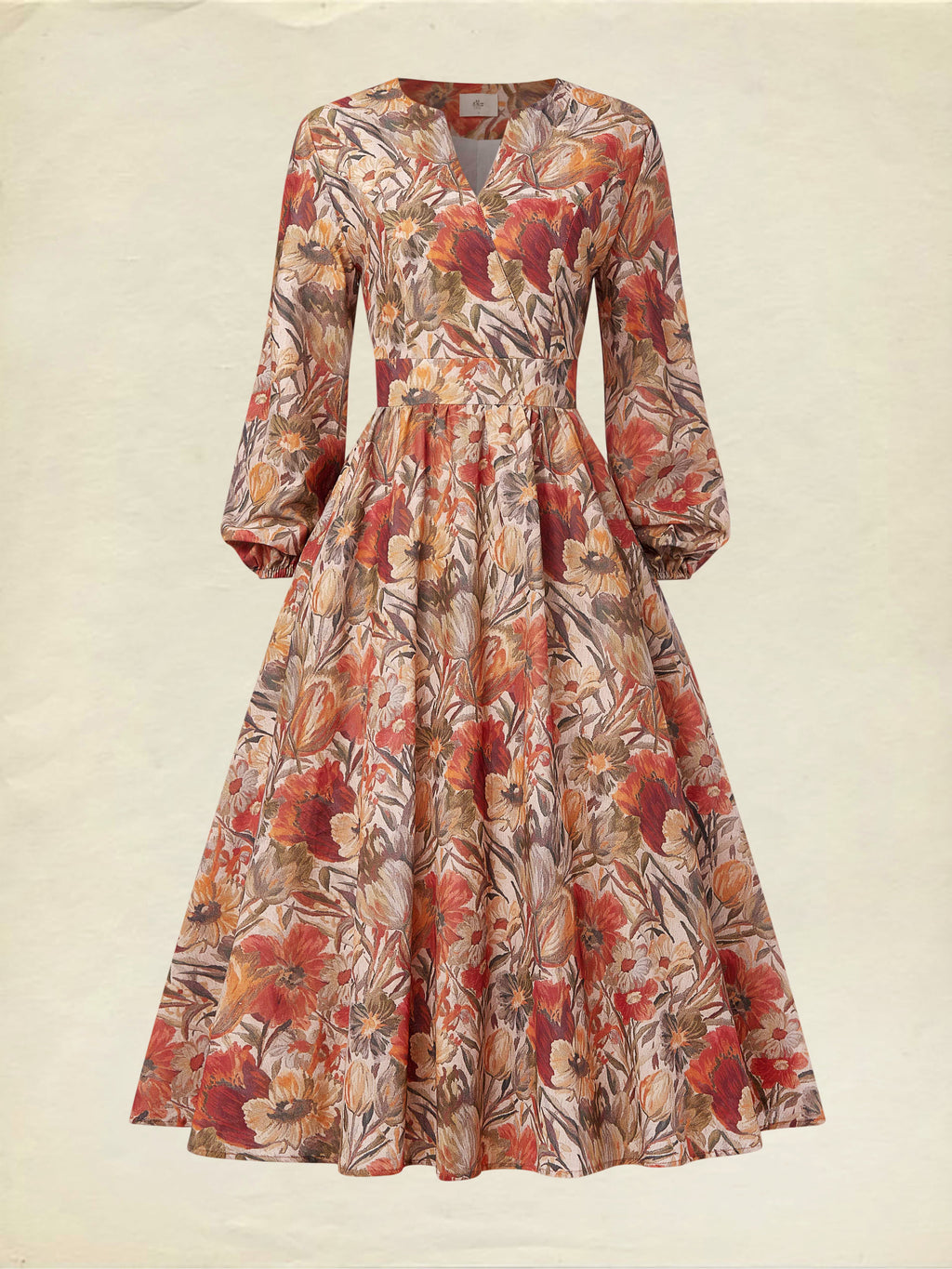 Midi Linen Dress, Long Sleeves, V Neck, Floral, Pocket Design, Vacation, Vintage, Yellow Brown